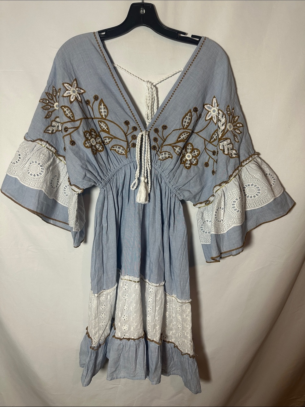 Embroidered Light Blue Midi Dress with Lace Trim